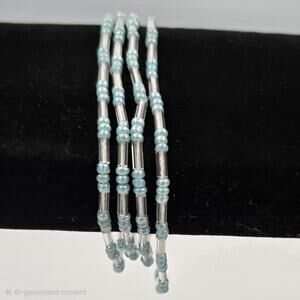 4 Strands of Tiny Circular Light Blue and Long Clear Beads on Stretchy Band Y2K
